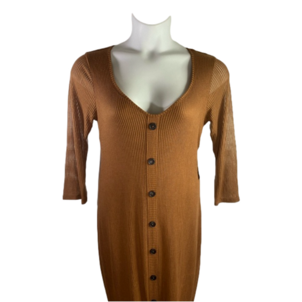 Express Faux Brown Button Down Ribbed Knit Midi Cardigan Dress SKU0199 - Picture 2 of 9